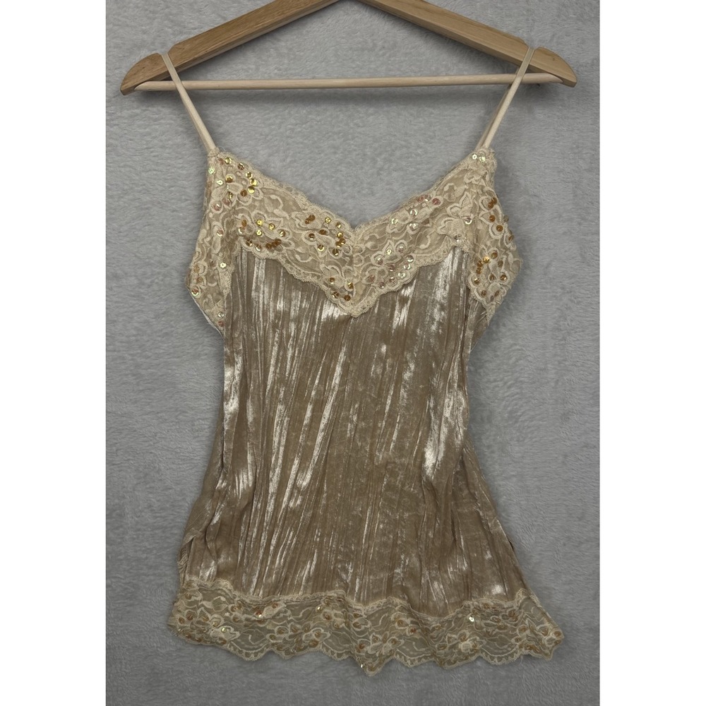 Y2K Champagne Crushed Velvet Lace Trim Sequin Camisole Tank Ethereal Fairy Cami